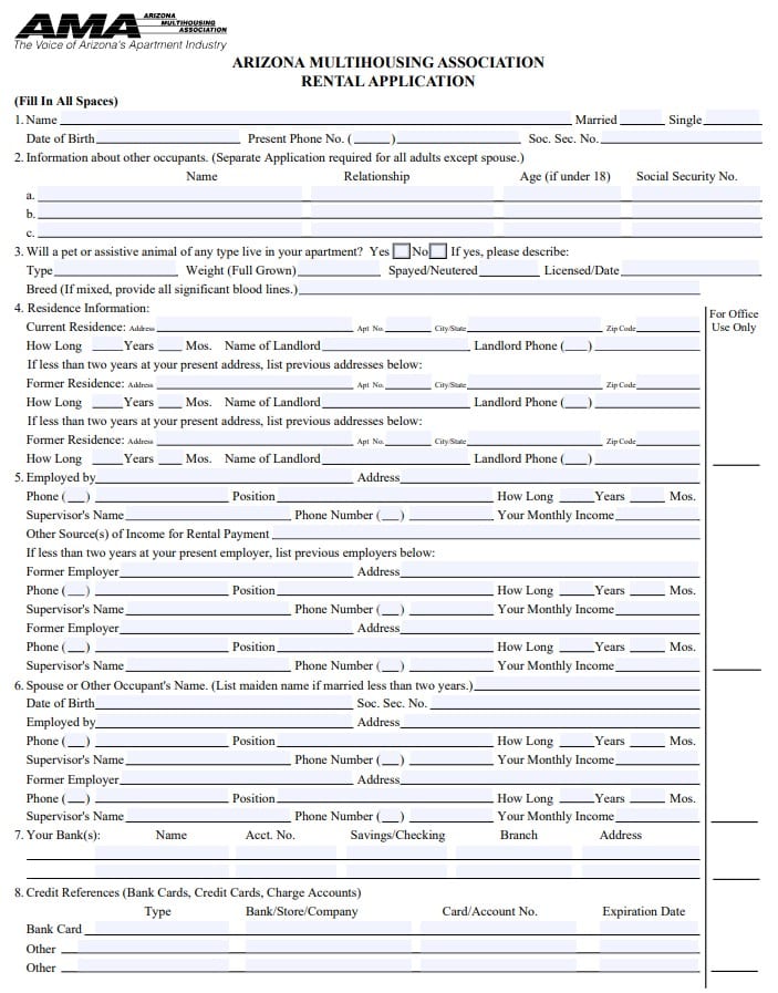 Arizona Rental Application Template